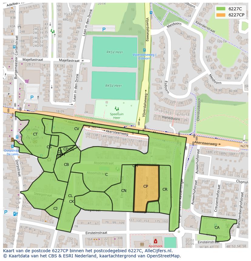 Afbeelding van het postcodegebied 6227 CP op de kaart.
