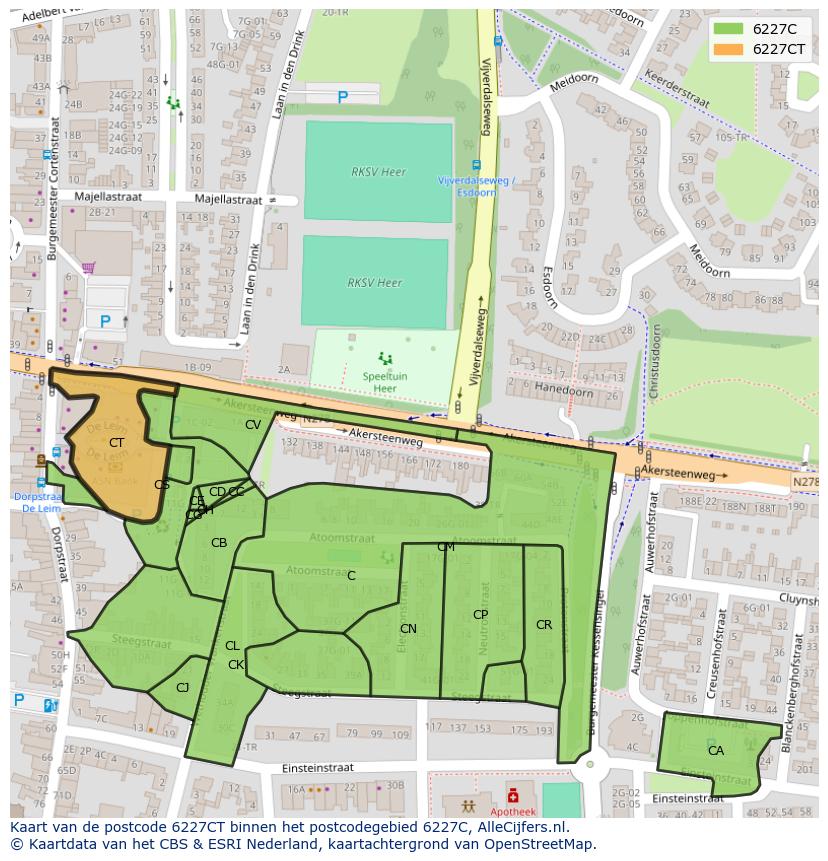 Afbeelding van het postcodegebied 6227 CT op de kaart.