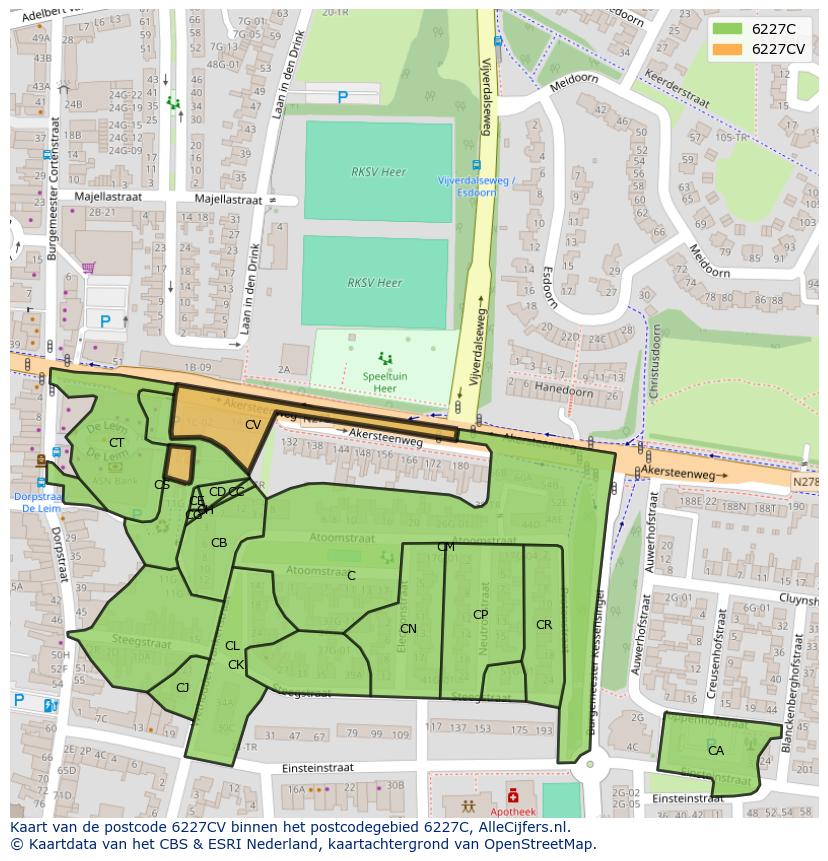 Afbeelding van het postcodegebied 6227 CV op de kaart.