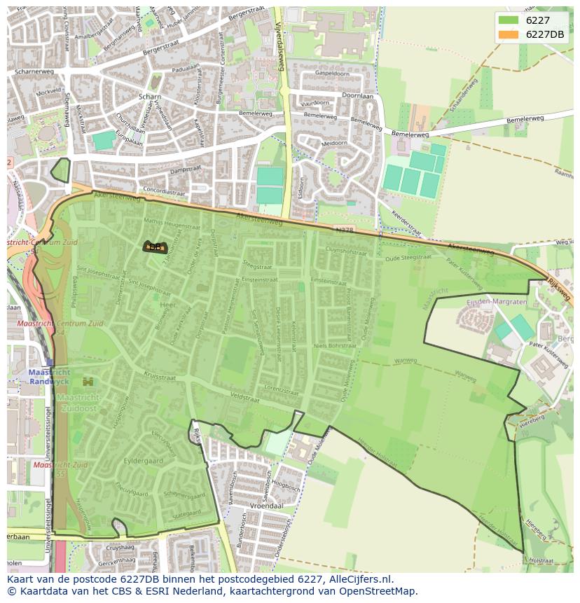 Afbeelding van het postcodegebied 6227 DB op de kaart.