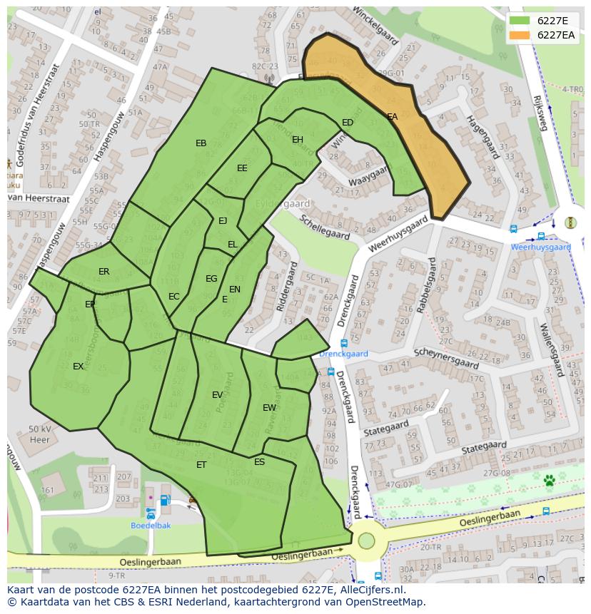 Afbeelding van het postcodegebied 6227 EA op de kaart.