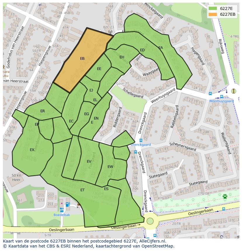 Afbeelding van het postcodegebied 6227 EB op de kaart.