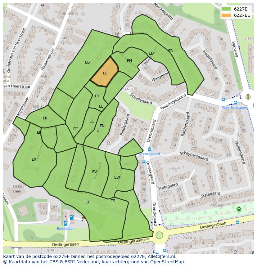 Afbeelding van het postcodegebied 6227 EE op de kaart.