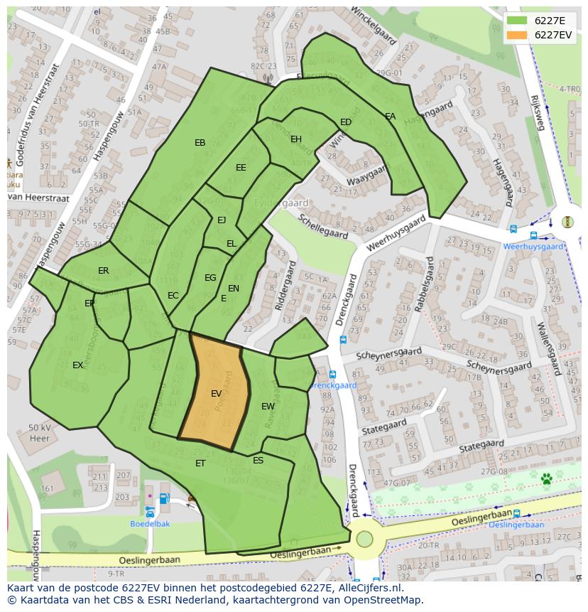 Afbeelding van het postcodegebied 6227 EV op de kaart.