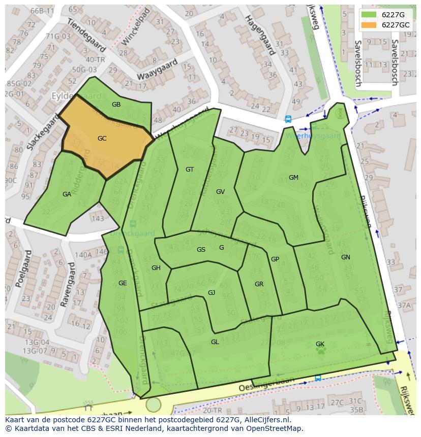 Afbeelding van het postcodegebied 6227 GC op de kaart.
