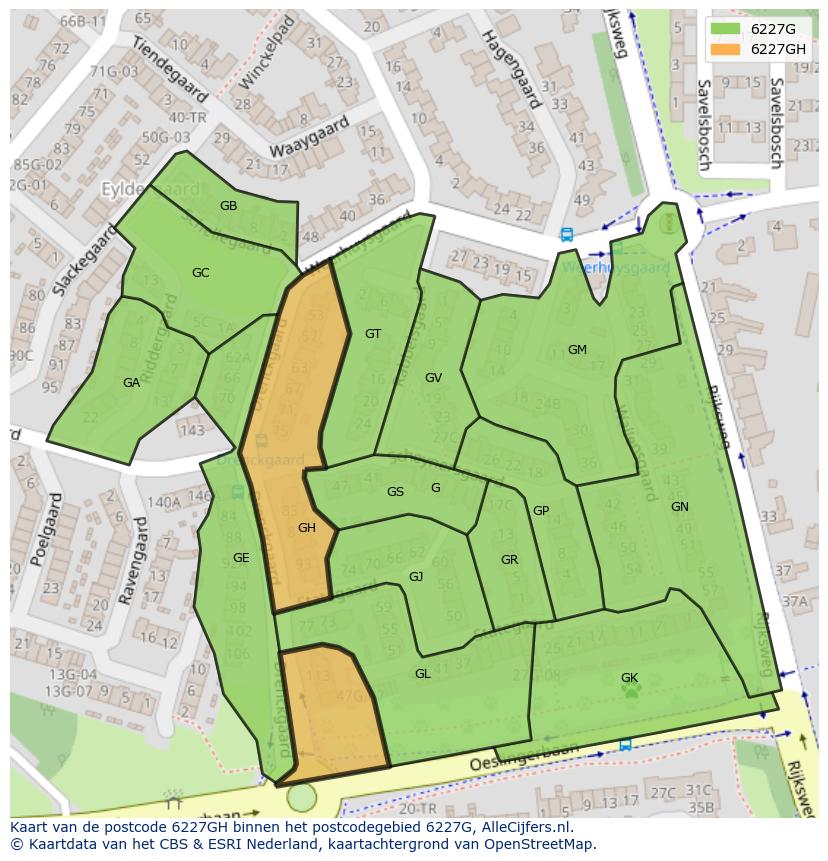 Afbeelding van het postcodegebied 6227 GH op de kaart.