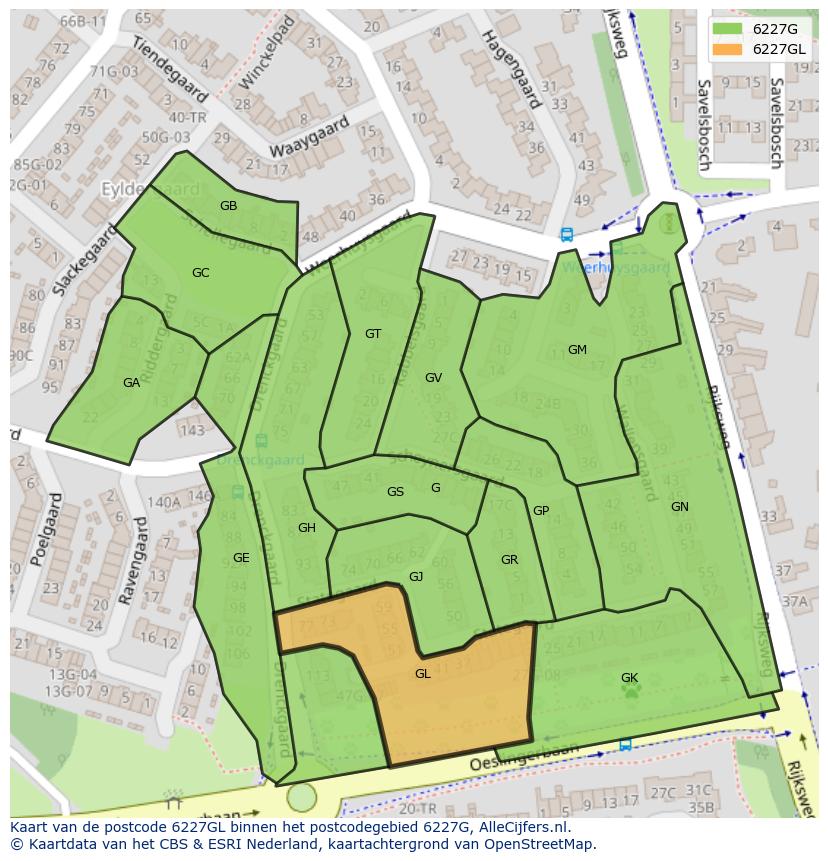 Afbeelding van het postcodegebied 6227 GL op de kaart.