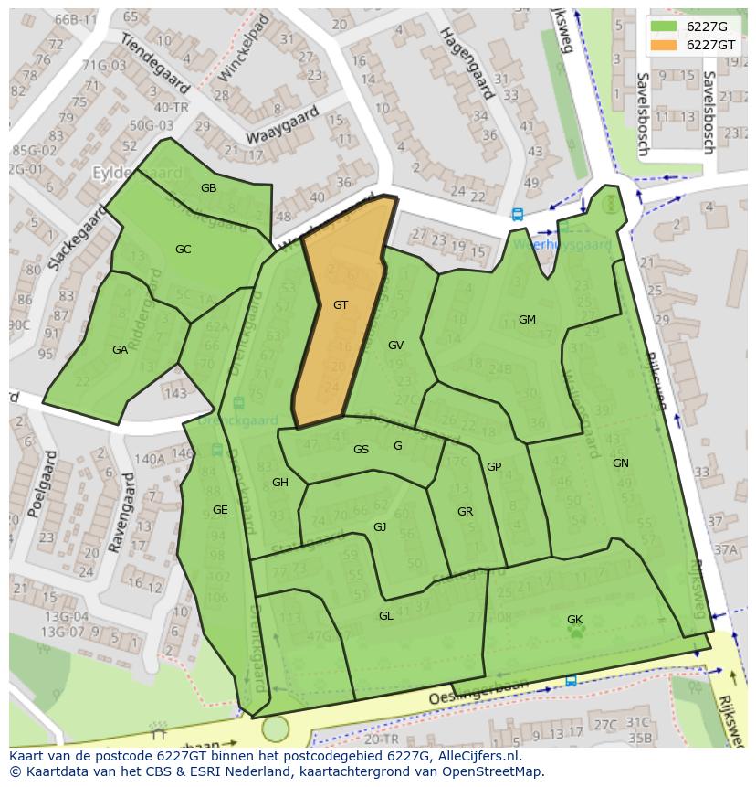 Afbeelding van het postcodegebied 6227 GT op de kaart.