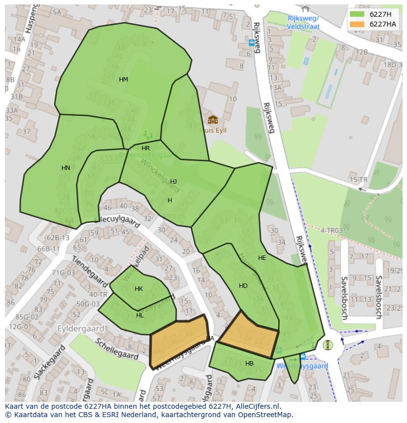 Afbeelding van het postcodegebied 6227 HA op de kaart.