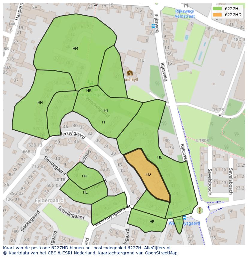 Afbeelding van het postcodegebied 6227 HD op de kaart.