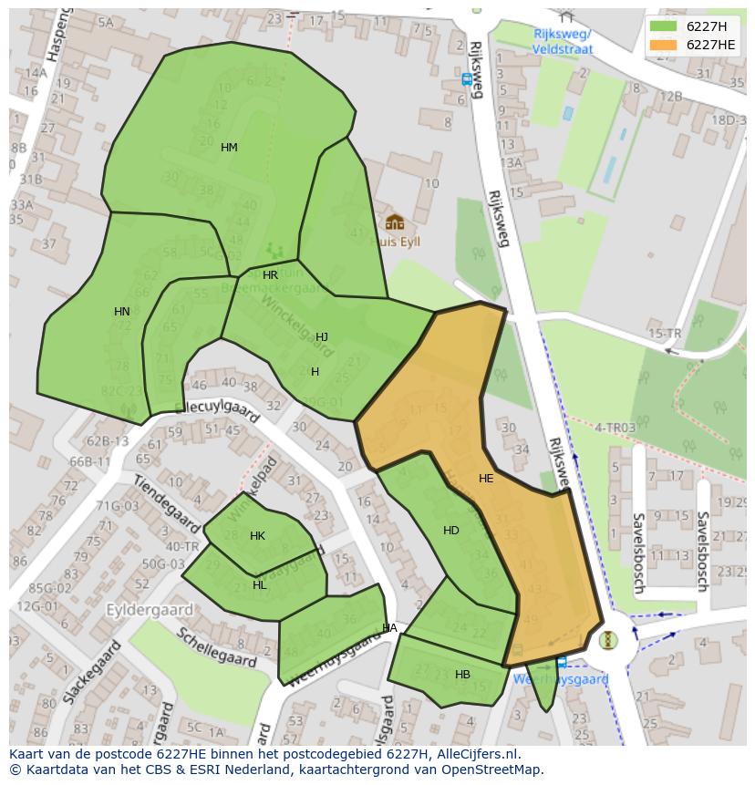 Afbeelding van het postcodegebied 6227 HE op de kaart.