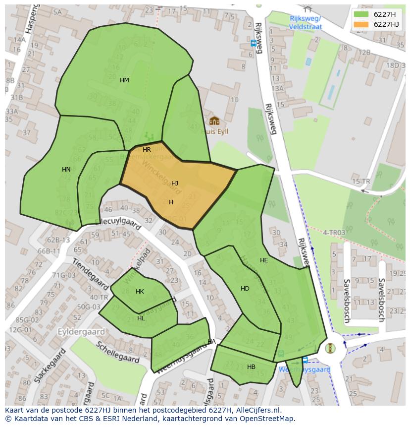 Afbeelding van het postcodegebied 6227 HJ op de kaart.