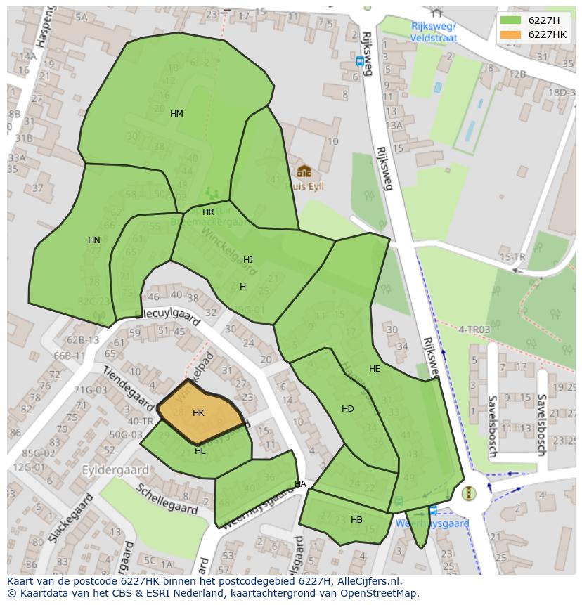 Afbeelding van het postcodegebied 6227 HK op de kaart.