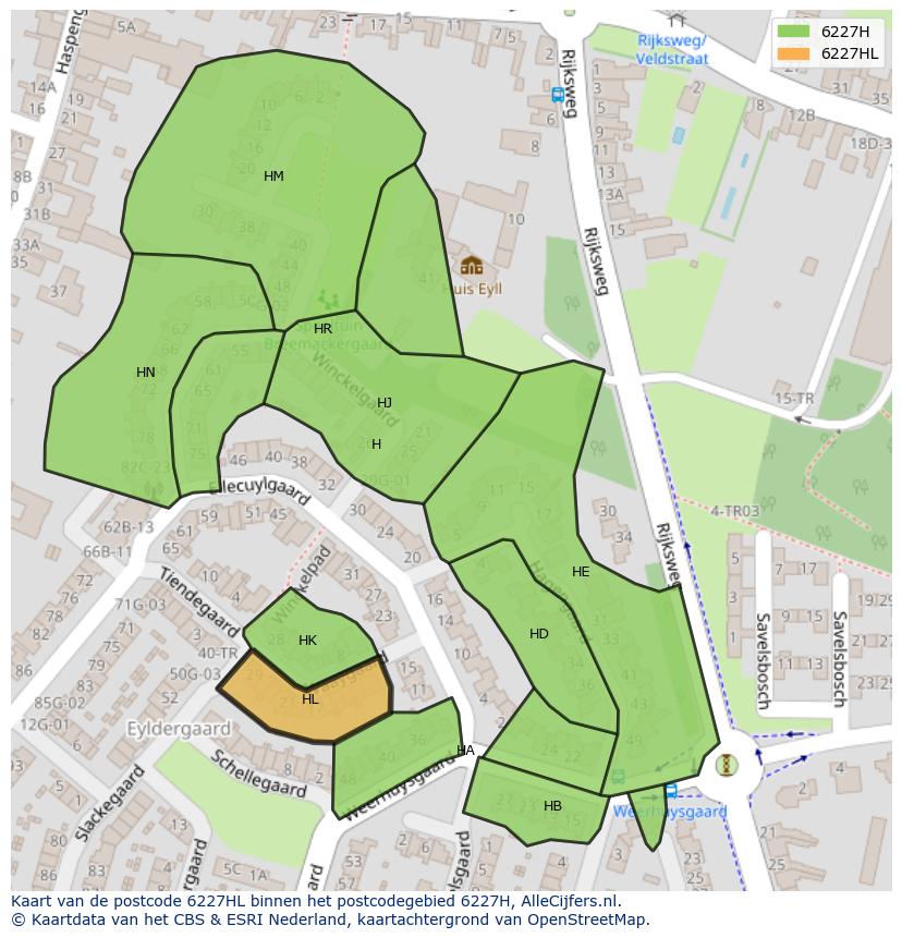 Afbeelding van het postcodegebied 6227 HL op de kaart.