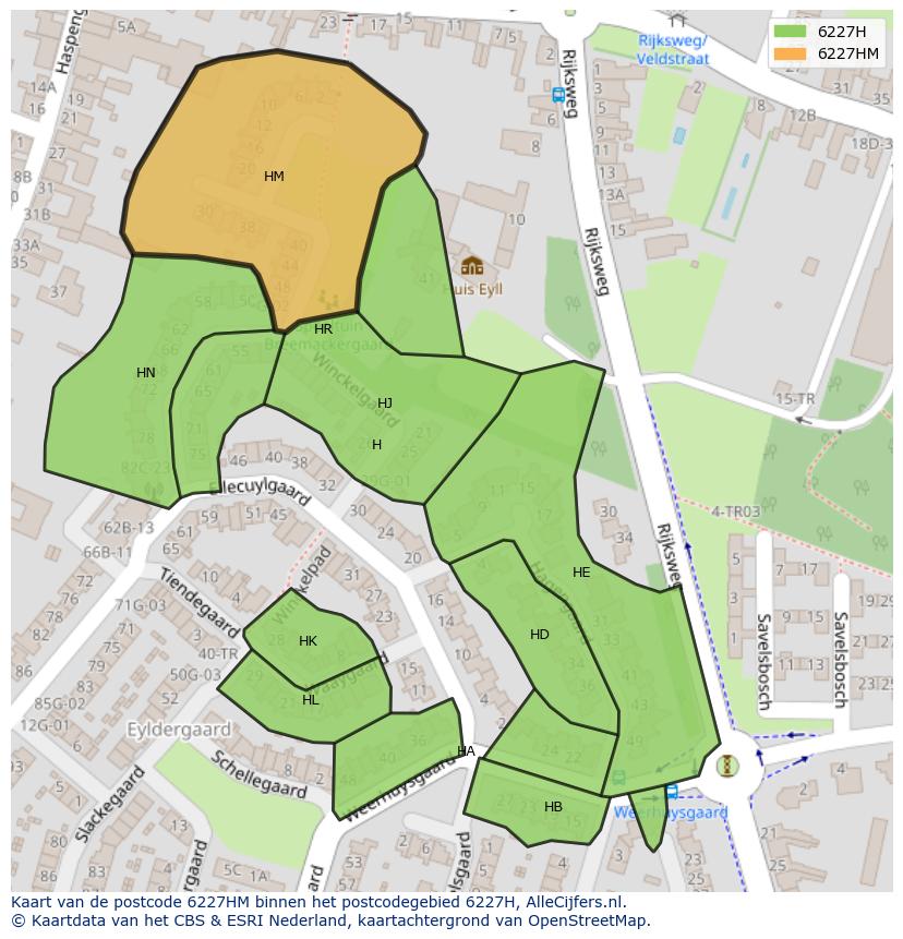Afbeelding van het postcodegebied 6227 HM op de kaart.