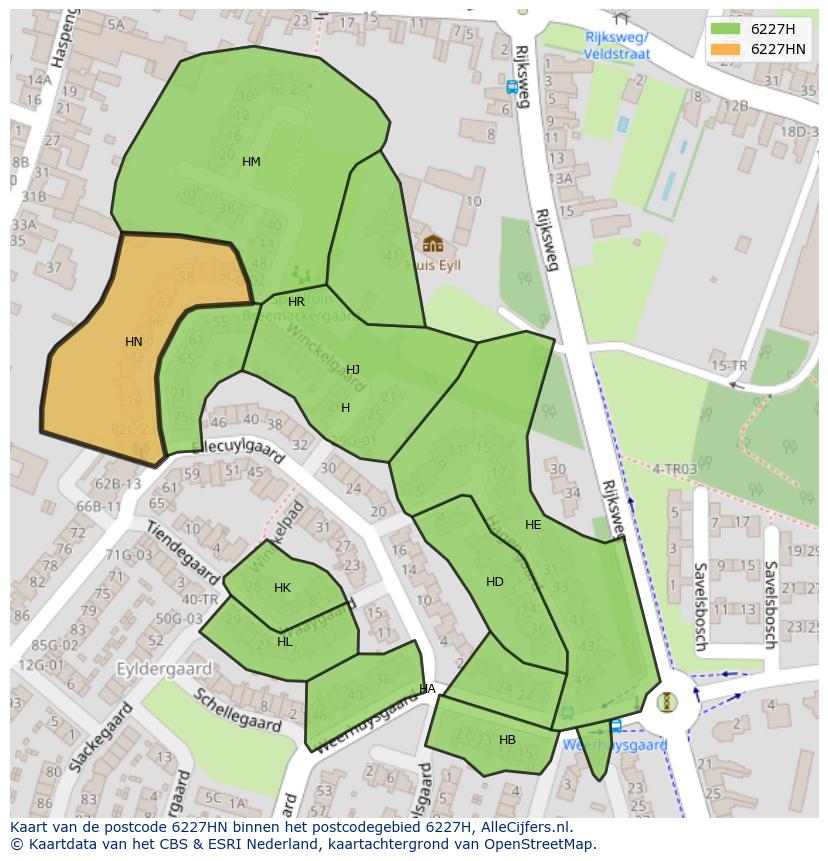Afbeelding van het postcodegebied 6227 HN op de kaart.