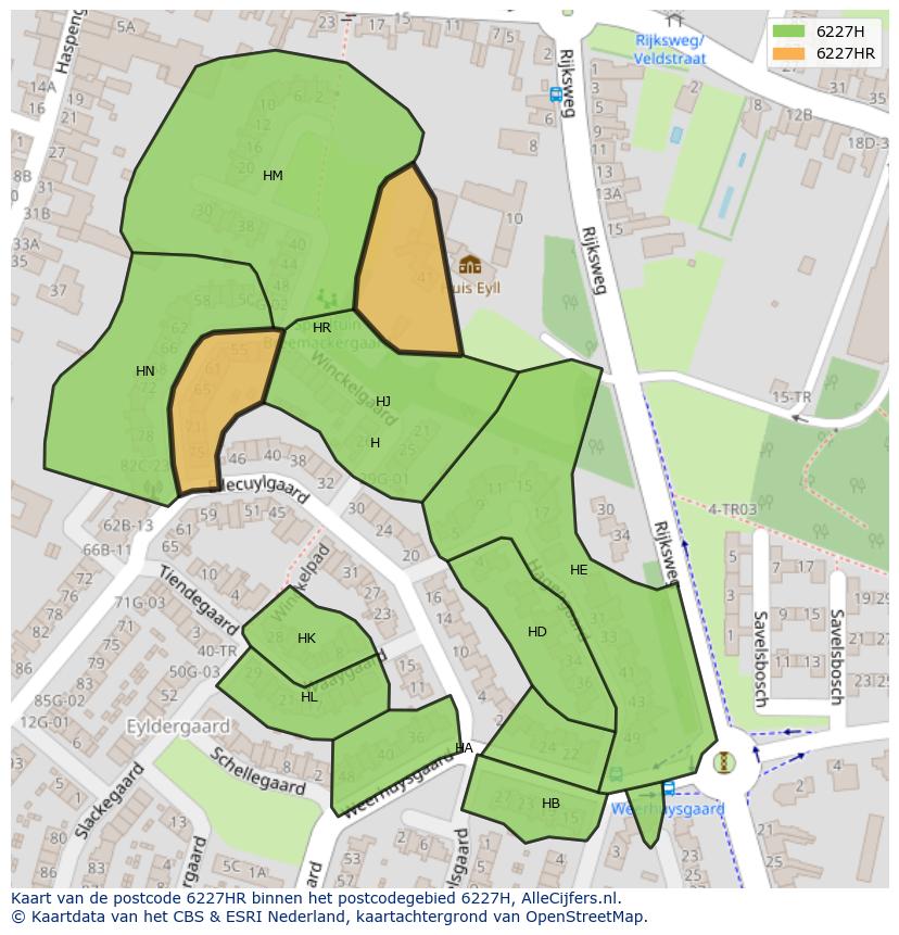 Afbeelding van het postcodegebied 6227 HR op de kaart.