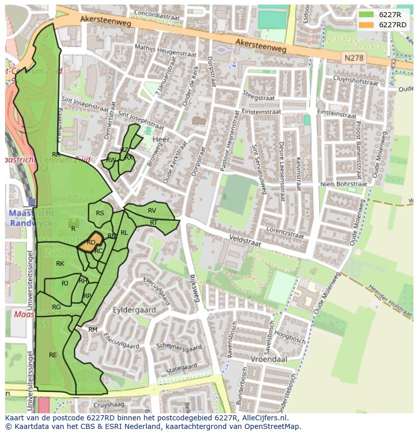 Afbeelding van het postcodegebied 6227 RD op de kaart.