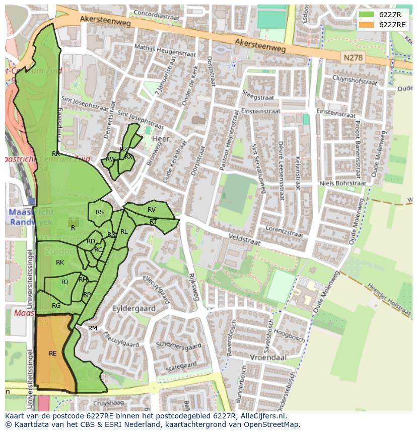 Afbeelding van het postcodegebied 6227 RE op de kaart.