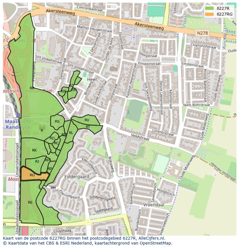 Afbeelding van het postcodegebied 6227 RG op de kaart.