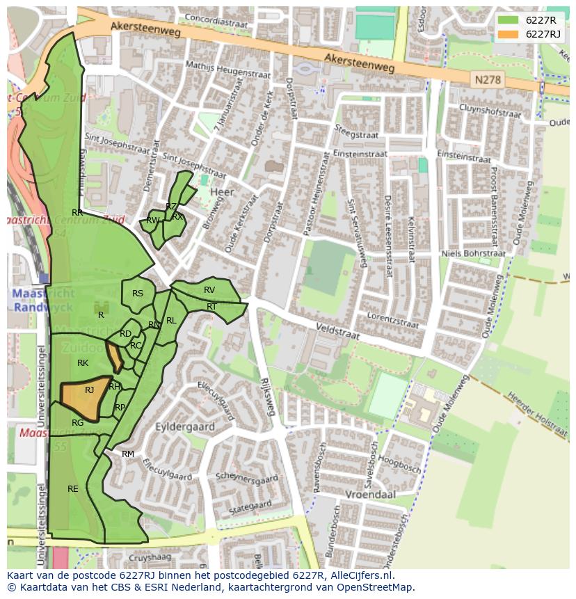 Afbeelding van het postcodegebied 6227 RJ op de kaart.