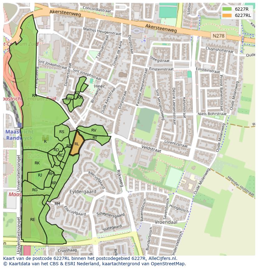 Afbeelding van het postcodegebied 6227 RL op de kaart.