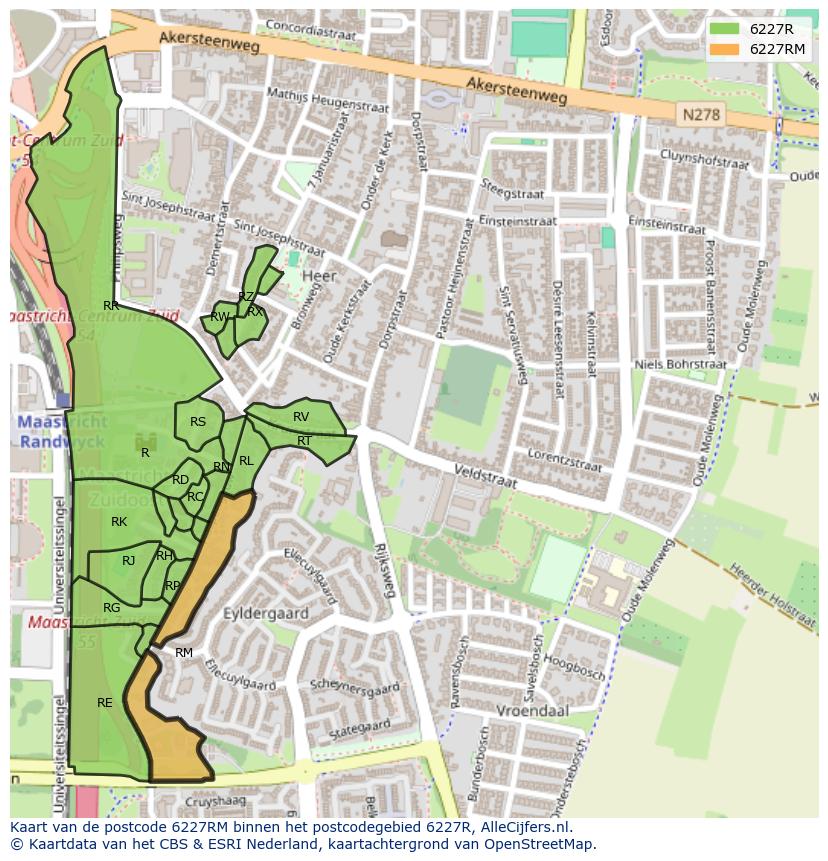 Afbeelding van het postcodegebied 6227 RM op de kaart.
