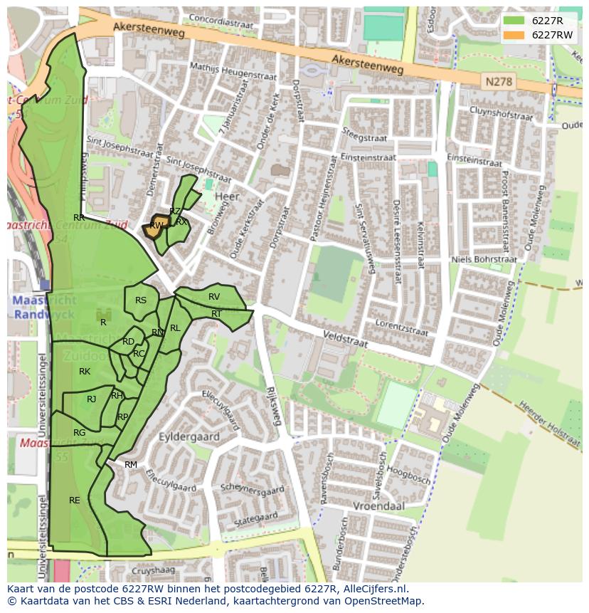 Afbeelding van het postcodegebied 6227 RW op de kaart.
