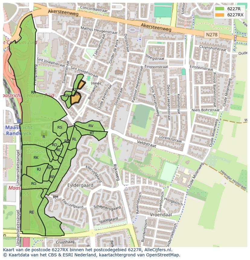 Afbeelding van het postcodegebied 6227 RX op de kaart.