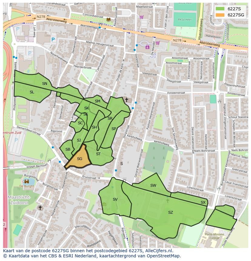Afbeelding van het postcodegebied 6227 SG op de kaart.