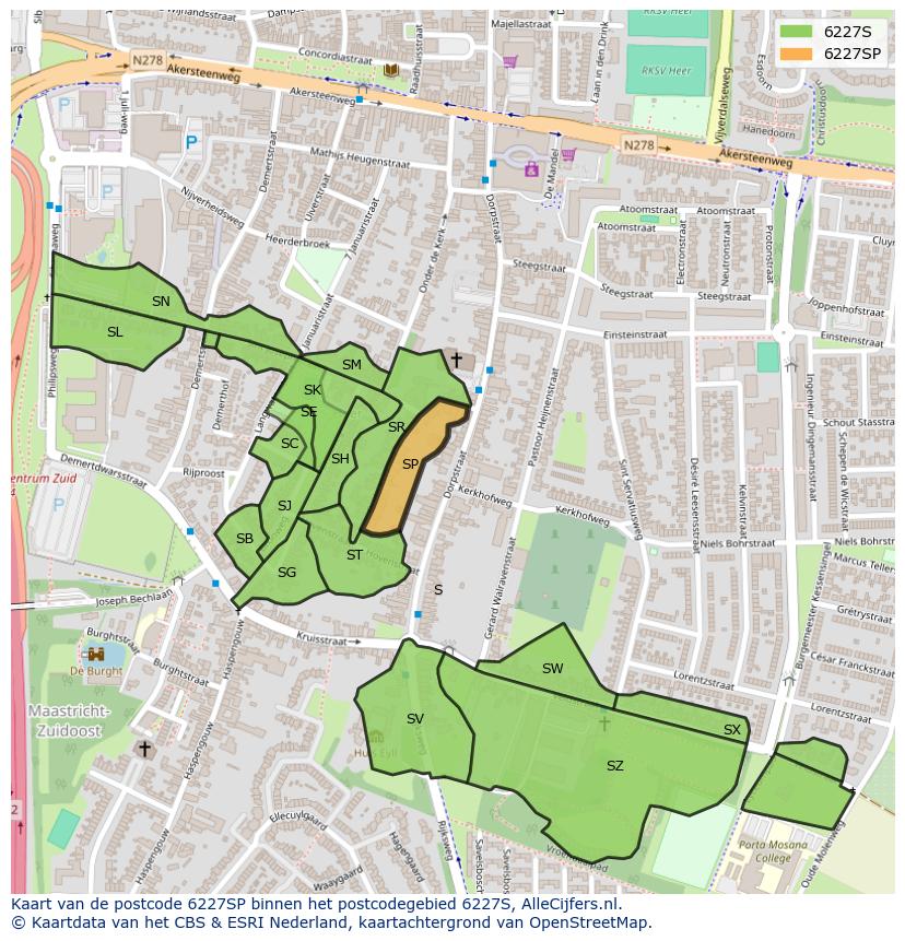 Afbeelding van het postcodegebied 6227 SP op de kaart.