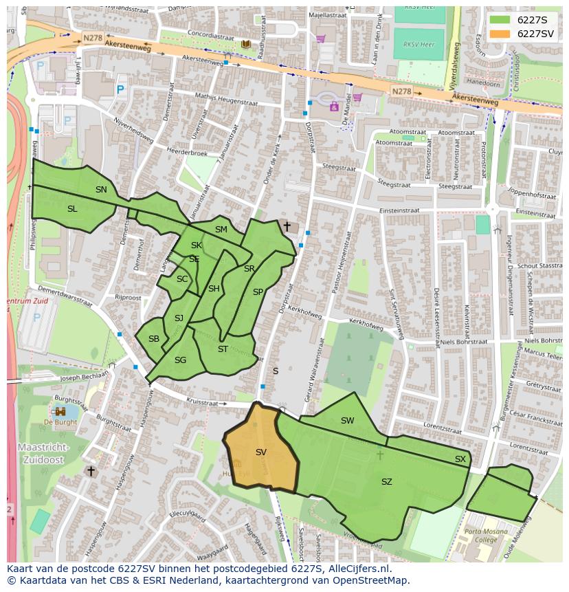 Afbeelding van het postcodegebied 6227 SV op de kaart.