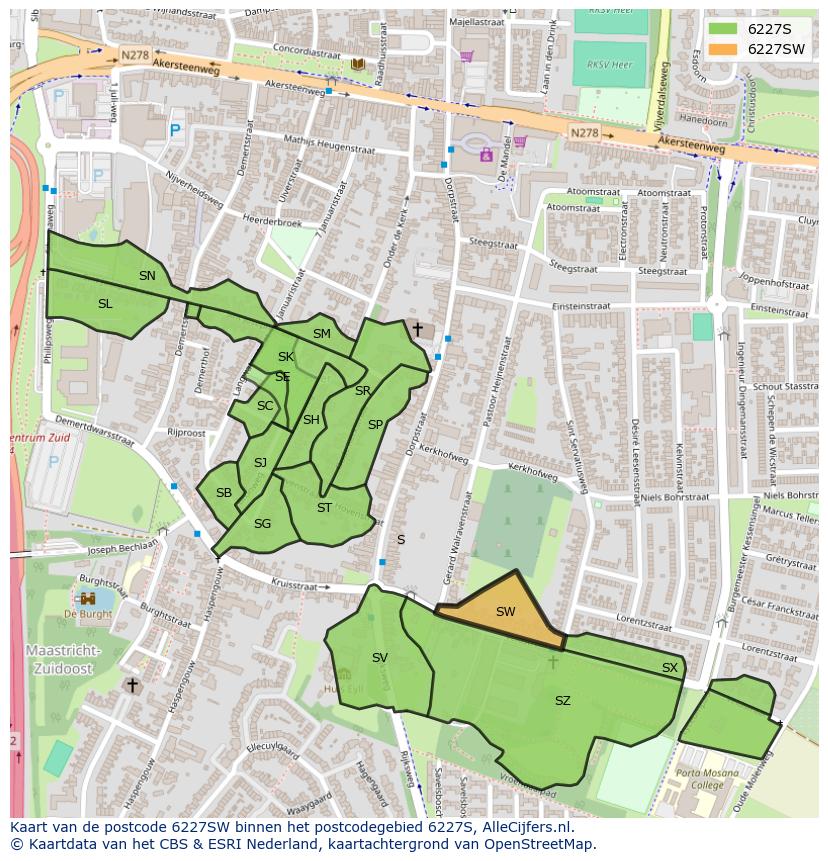 Afbeelding van het postcodegebied 6227 SW op de kaart.