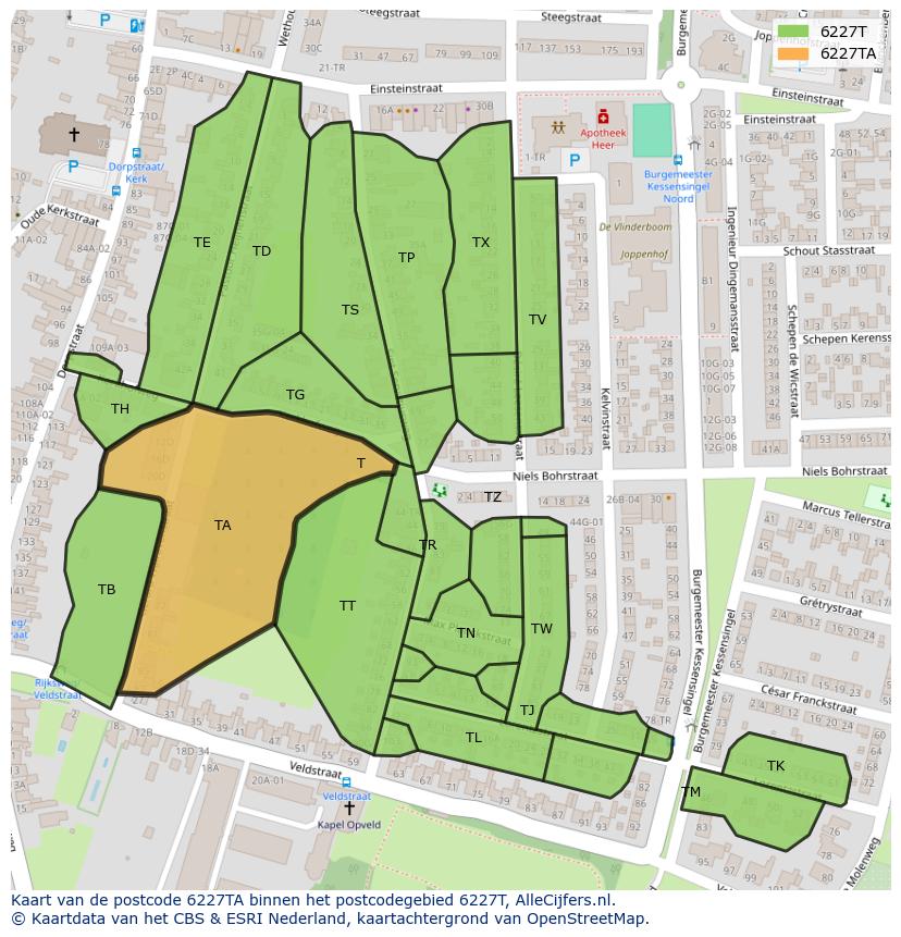 Afbeelding van het postcodegebied 6227 TA op de kaart.