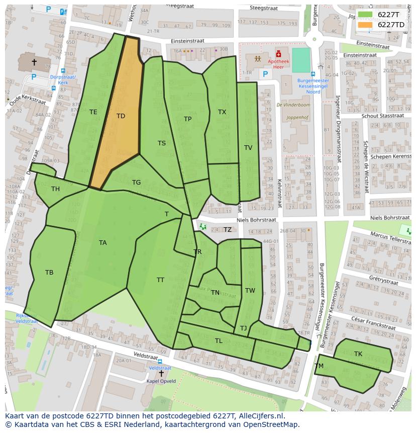 Afbeelding van het postcodegebied 6227 TD op de kaart.