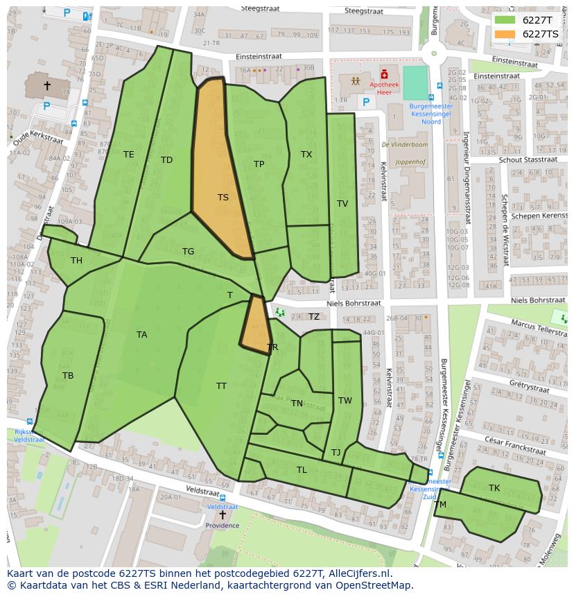 Afbeelding van het postcodegebied 6227 TS op de kaart.