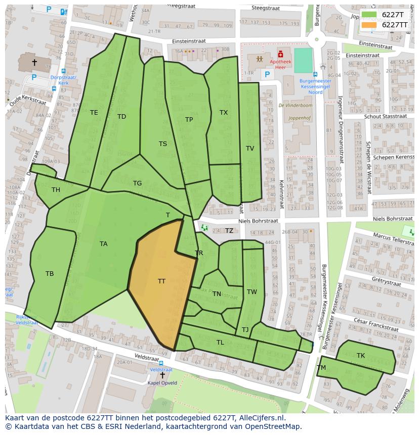 Afbeelding van het postcodegebied 6227 TT op de kaart.