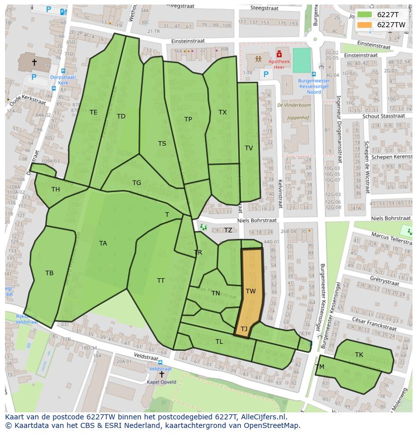 Afbeelding van het postcodegebied 6227 TW op de kaart.