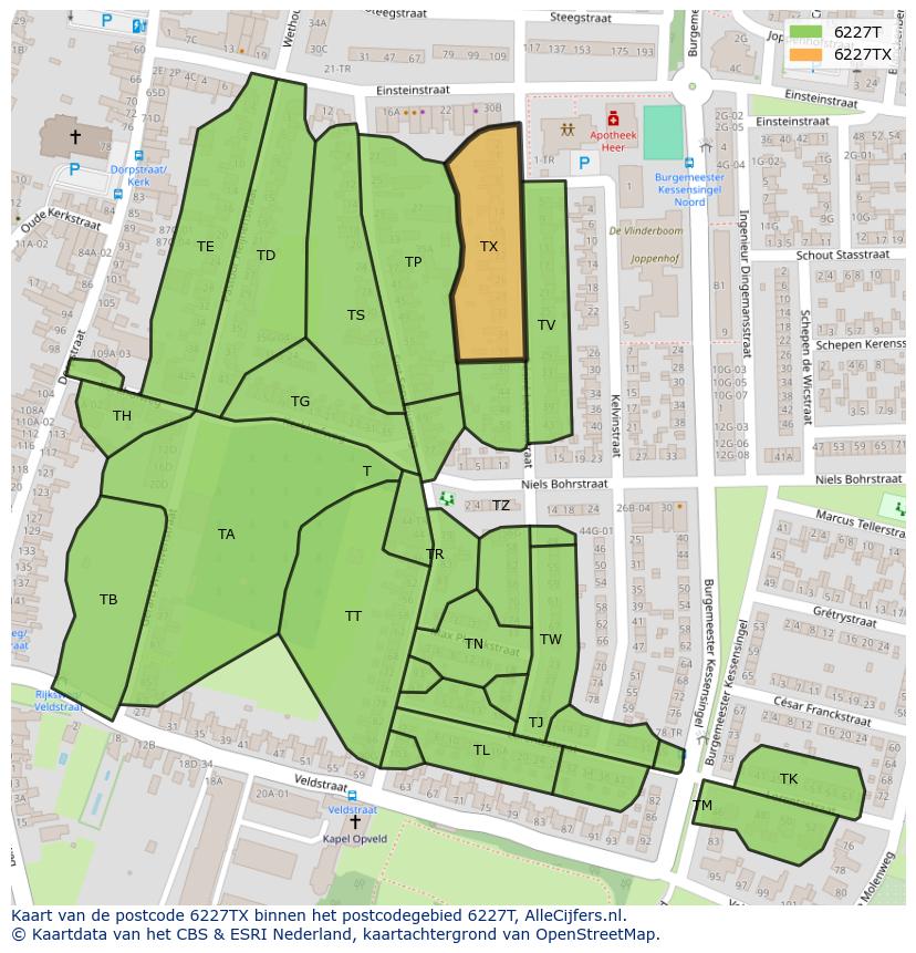 Afbeelding van het postcodegebied 6227 TX op de kaart.
