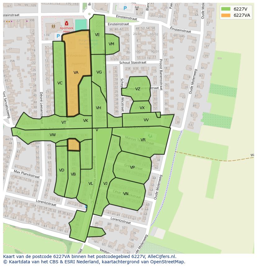 Afbeelding van het postcodegebied 6227 VA op de kaart.