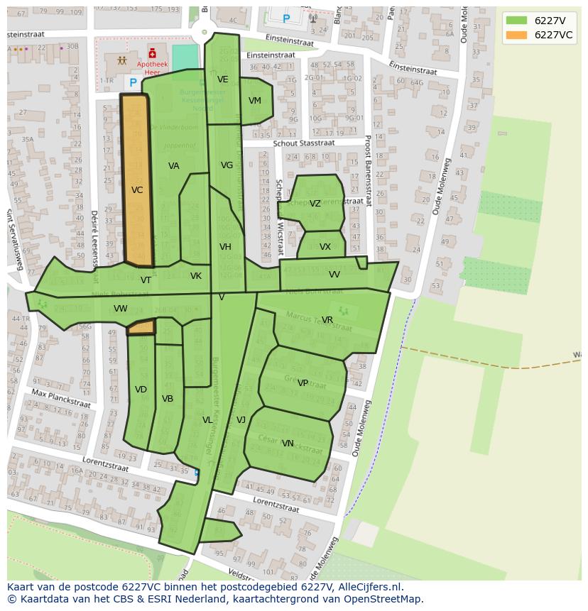 Afbeelding van het postcodegebied 6227 VC op de kaart.