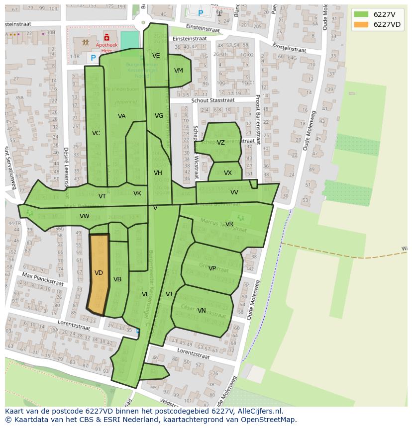 Afbeelding van het postcodegebied 6227 VD op de kaart.