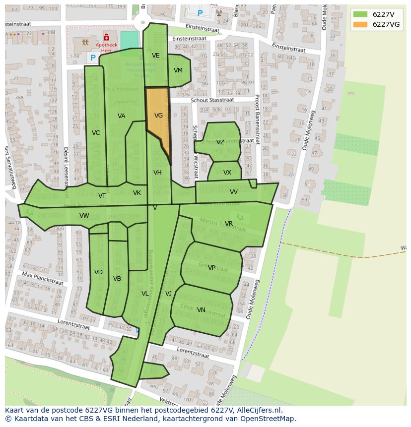 Afbeelding van het postcodegebied 6227 VG op de kaart.