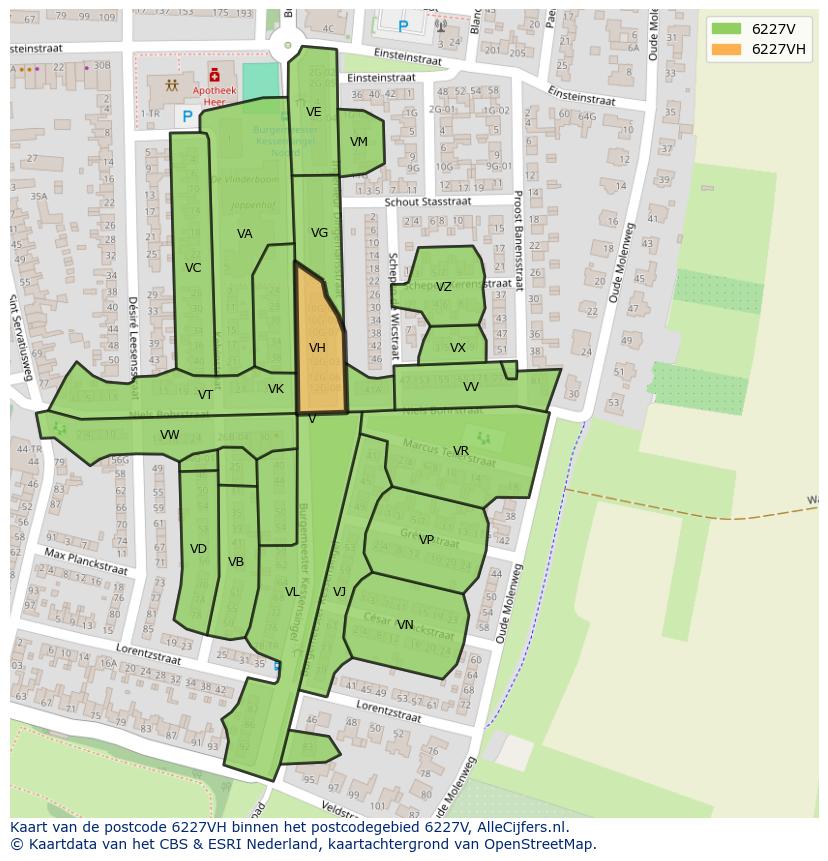Afbeelding van het postcodegebied 6227 VH op de kaart.