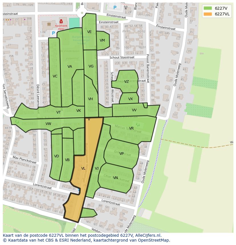 Afbeelding van het postcodegebied 6227 VL op de kaart.