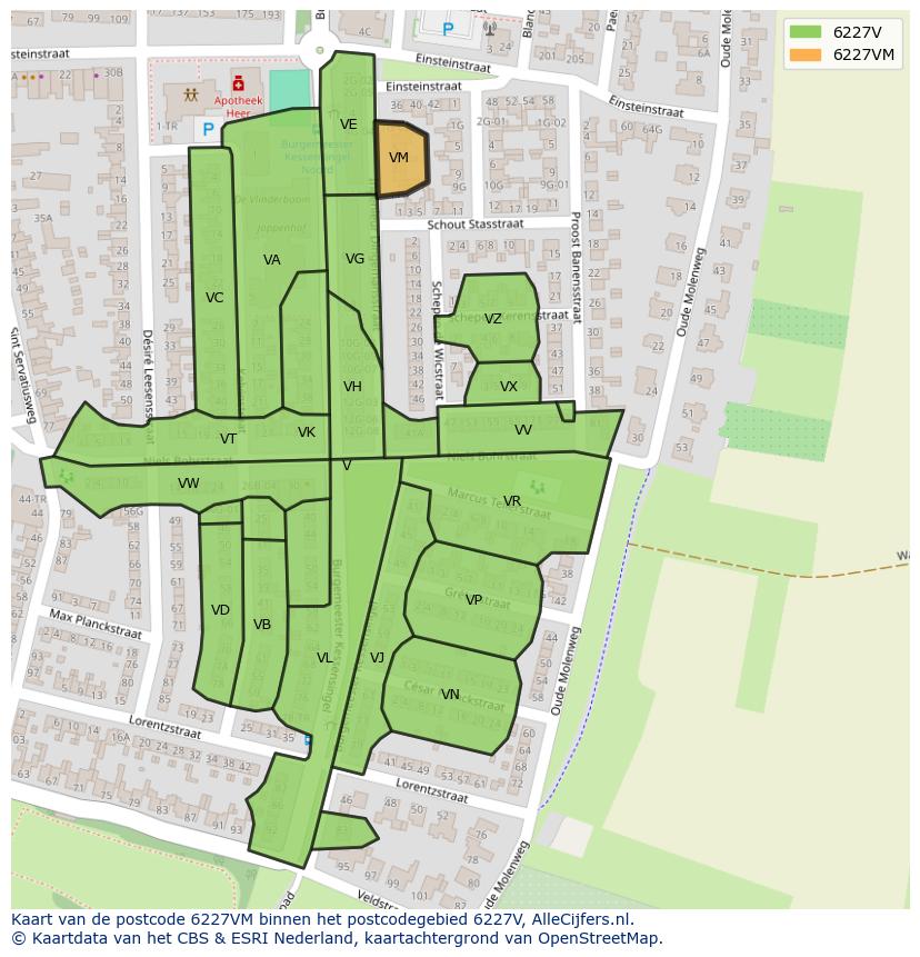 Afbeelding van het postcodegebied 6227 VM op de kaart.