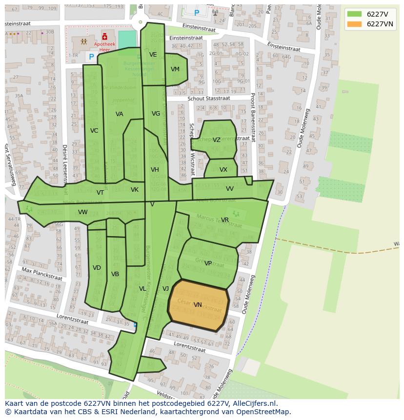 Afbeelding van het postcodegebied 6227 VN op de kaart.