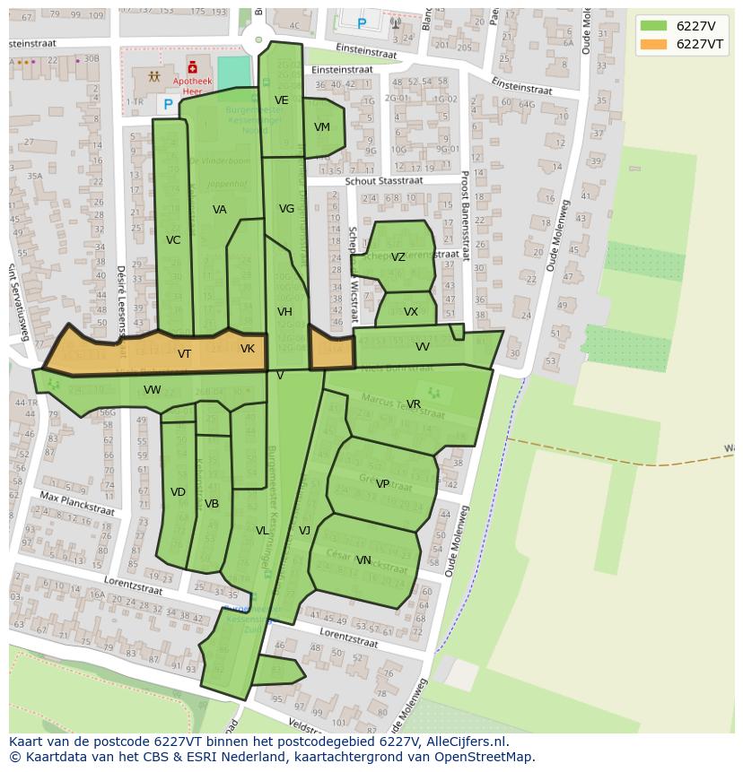 Afbeelding van het postcodegebied 6227 VT op de kaart.