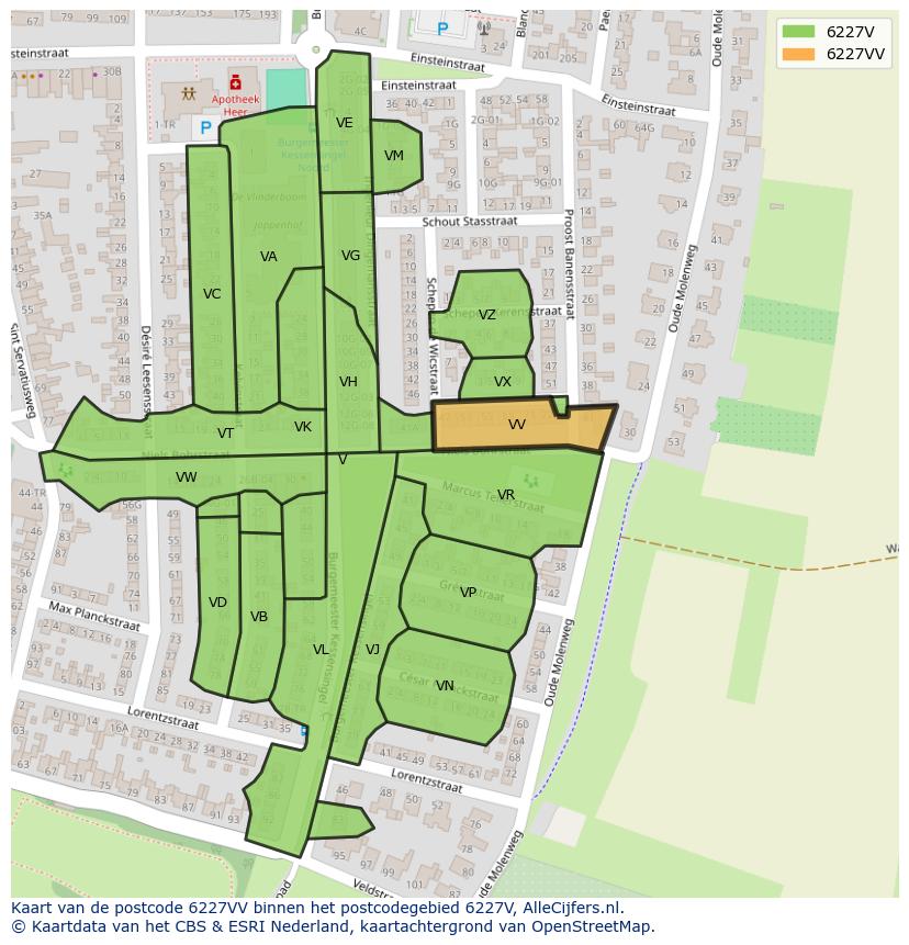 Afbeelding van het postcodegebied 6227 VV op de kaart.