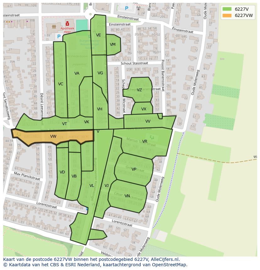 Afbeelding van het postcodegebied 6227 VW op de kaart.